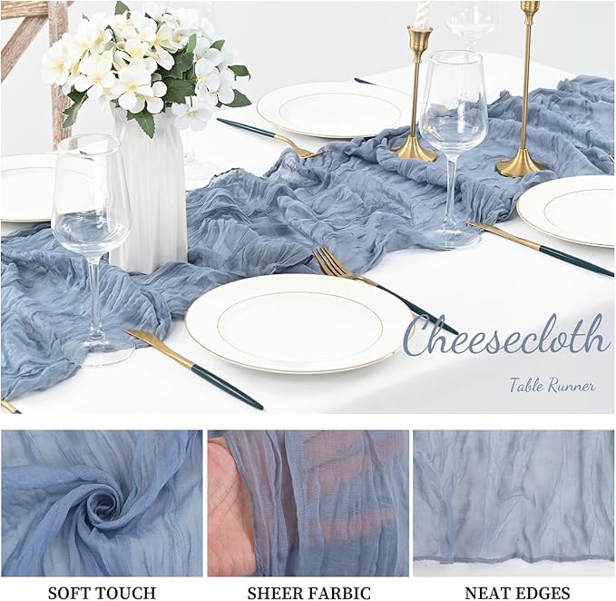 20 Pack Dusty Blue 10FT Cheesecloth Table Runner Rustic Gauze Fabric Cheese Cloth Table Runner for Wedding Bridal Baby Shower Table Decor 20 x 120 Inch Long Boho Sheer Birthday Party Table Decorations