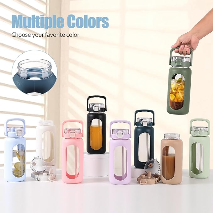 BLUEGO 64oz Glass Water Bottle with Handle and Straw, Motivational Sports Water Bottle with Time Marker and Silicone Sleeve Leakproof Drinking Bottle for Travel Gym Workout, Dark Blue