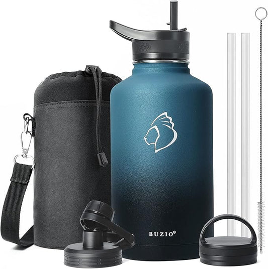 BUZIO Water Bottle with Straw lid, Spout Lid, Hand Lid and Carrying Pouch, 32oz 40oz 64oz Stainless Steel Water Flask Jug, Cold for 48 Hrs Hot for 24 Hrs Double Vacuum Thermo Canteen Mug, BPA-Free