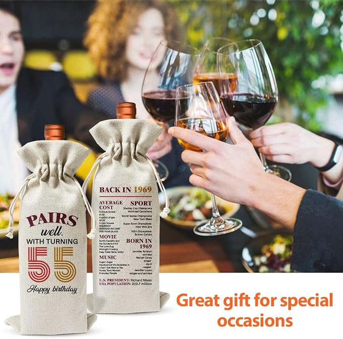 55th Birthday Wine Gift Bag For Best Friend Mom Dad Women Men, 1969 Birthday Gift, 55th Birthday Party Decor Favors, 55th Anniversary Wine Bag For Man Women Her, Pairs Well With Turning 55
