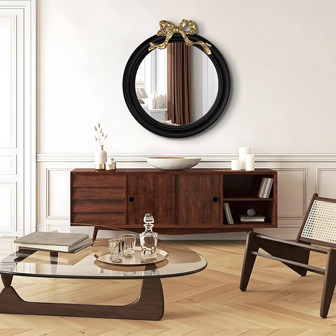 25x25 inch Bow Antique Round Mirror for Wall, Gold & Black Decorative Wall-Mounted Circle Mirror, Perfect for Bedroom, Hallway, Living Room Décor, and Bathroom Vanity