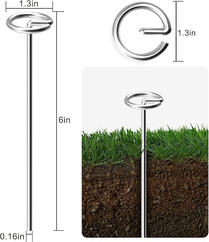 40 Pack Heavy Duty 8 Gauge Galvanized Landscape Fabric Pins, 6 Inch G-Shaped Round Top Weed Barrier Stakes for Garden, Erosion Control, Tent, Ground Cover (Silver)