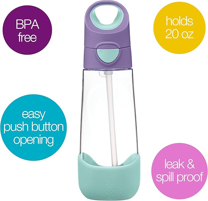 b.box 20oz Tritan Straw Bottle: Large Kids Water Bottle with Flip Straw for School, Daycare. Spill Proof, Leak Proof, Dishwasher Safe, BPA Free (Lilac Pop, 20 oz)