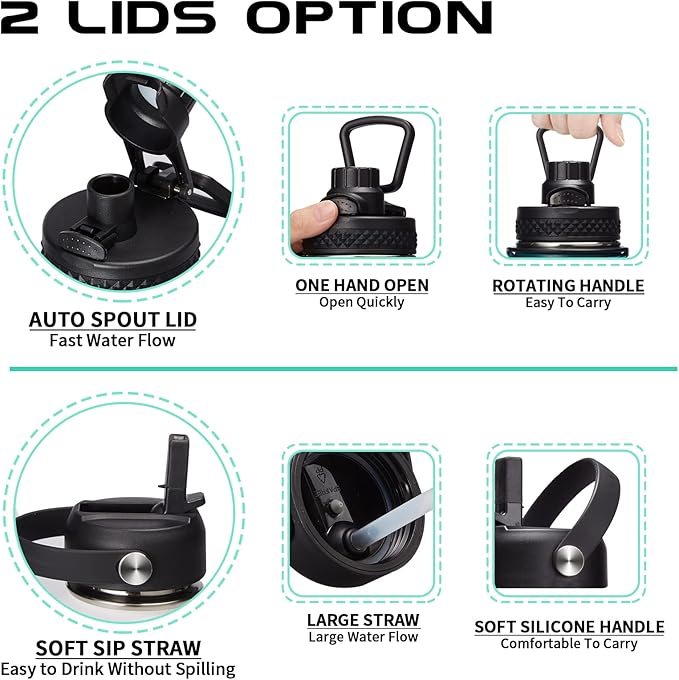 32 oz Water Bottles with Straw & Spout Lid, Paracord Handle & Strap, Double Wall Insulated Flask Water Bottle, Reusable Wide Mouth Gym Water Bottles for Women and Men for Outdoor Fitness Sports