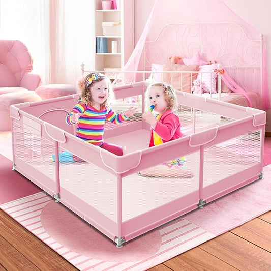 Baby Playpen 50 x 50 Inch Play Pen Playards, Playpen for Babies and Toddlers, Baby Playard for Indoor & Outdoor Active Center Game Fence, with Skin-Friendly Fabric and Soft Breathable Mesh Pink