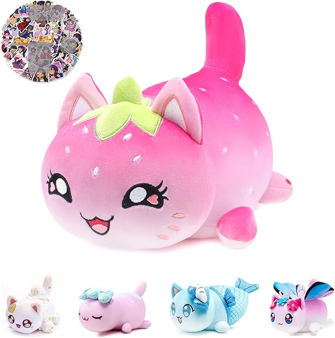 61 PCS 11 inches Strawberry Cat Plush + 60 Sticker Cute Kawaii Cat Plush Collection 100% Polyester Plushie Pillow Embroidered Soft Stuffed Animal Collectible (Strawberry Cat)