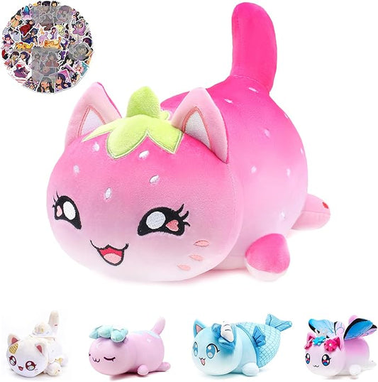 61 PCS 11 inches Strawberry Cat Plush + 60 Sticker Cute Kawaii Cat Plush Collection 100% Polyester Plushie Pillow Embroidered Soft Stuffed Animal Collectible (Strawberry Cat)