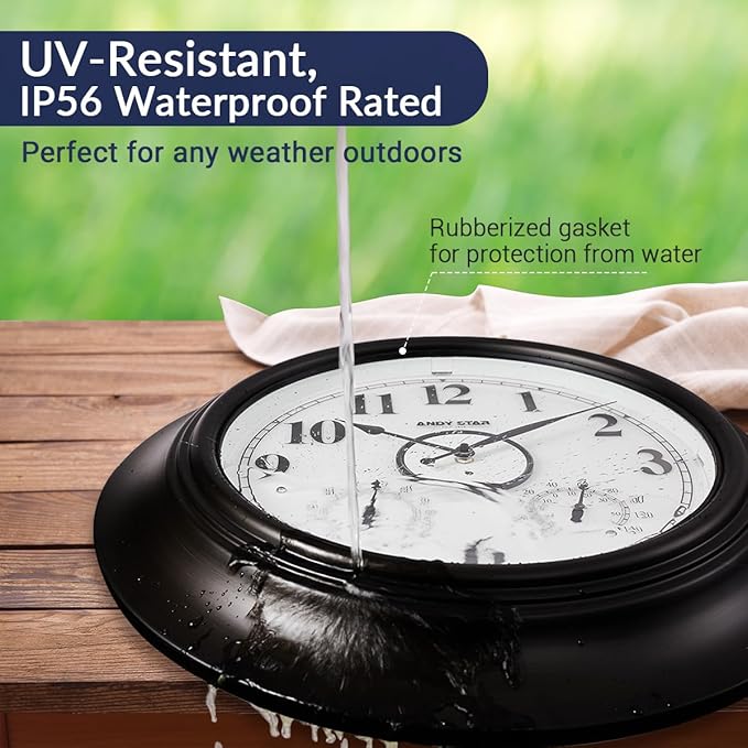 Andy Star 21 Inch Large Illuminated Outdoor Wall Clock Waterproof with Thermometer and Hygrometer, Oversized Battery Wall Clock for Patio Pool, Oil Rubbed Bronze Silent Non Ticking Clock for Garden