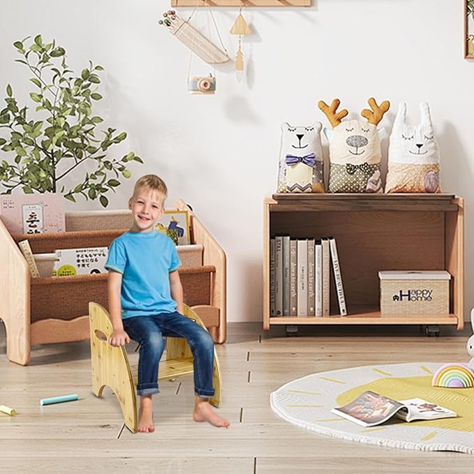 Bamboo Step Stool, 12 Inches Tall, Non-Slip Steps & Handrails, Sturdy Sustainable Bamboo, for Bathroom, Kitchen, Bedroom