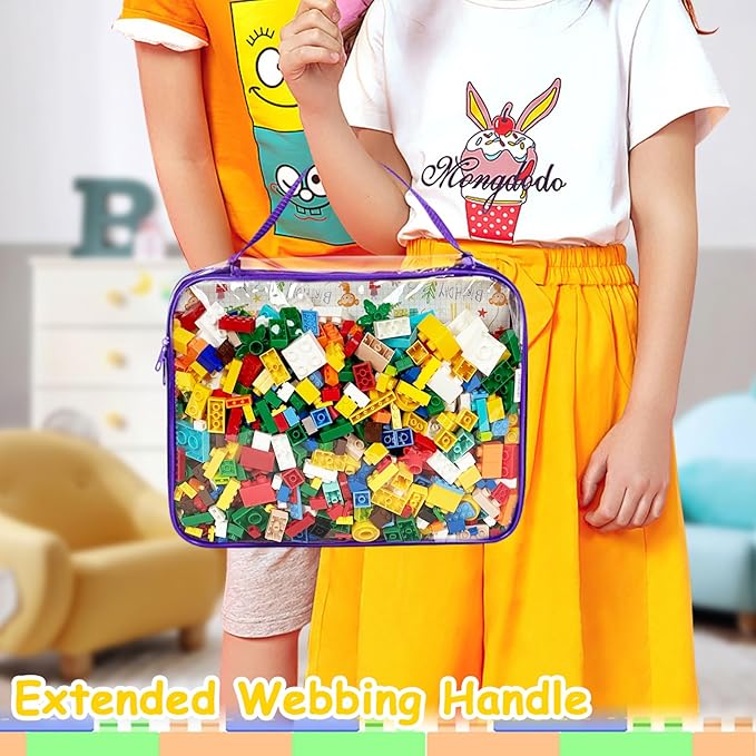 4 Packs PVC Toy Zippered Blocks, Travel Storage Case Bags for Organizing, Waterproof Toy Storage Bags with Mesh Pockets for Building Blocks, Puzzles, Clays,Toy Cars 13.3"Lx3" Wx10.4" H (Purple).