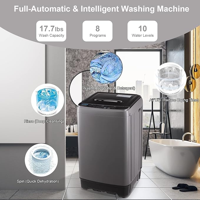 17.7 lbs Full Automatic Washing Machine with LED Display Compact Drain Dump, 10 Wash Programs and 8 Water Levels Ideal for Dorms, Apartments, RV, Grey (KB03-GREY6-3)