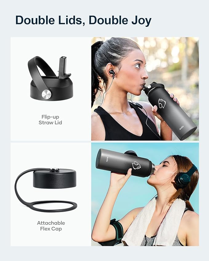 BUZIO Insulated Water Bottle with Straw Lid and Flex Cap, 40oz Modern Double Vacuum Stainless Steel Water Flask, Cold for 48 Hrs Hot for 24 Hrs Simple Thermo Canteen Mug