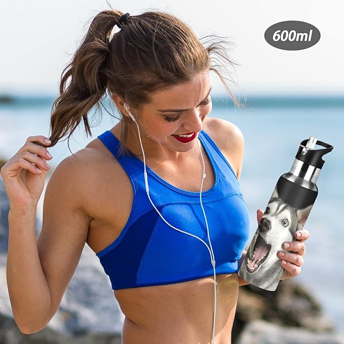 Blueangle 20oz Siberian Husky Dog Water Bottle, BPA Free Stainless Steel Water Bottle Leak-Proof Sports Bottle for Camping Workouts Gym and Outdoor Activity