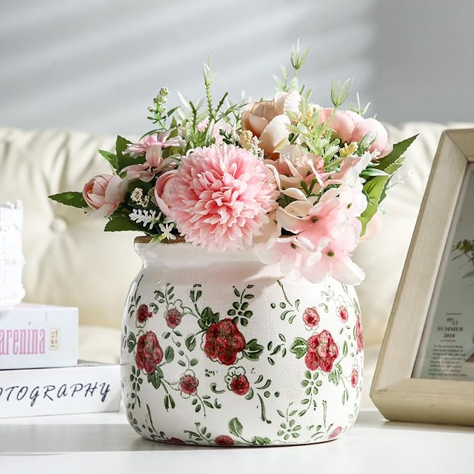 1 Pcs Vintage Planter Large Ceramic Plants Pot Red Plum Crack Cottage Scroll Vase Flower Vase Pot Indoor Plants Home Kitchen Decor Farmhouse Antique Decorative Gift