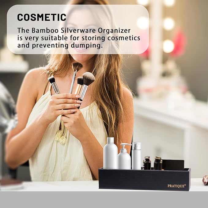 Bamboo Drawer Organizer - Kitchen Utensil Organizer Silverware Tray Cutlery Holder，Office Desk Supplies and Accessories,8.9 * 3 * 2.6inch,Black