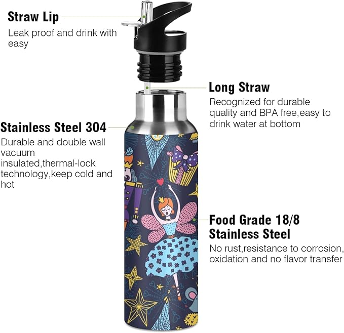 Blueangle Christmas Nutcracker Stainless Steel Water Bottle with Straw, BPA Free Reusable Leakproof Water Jug for Fitness Camping Outdoor Sport