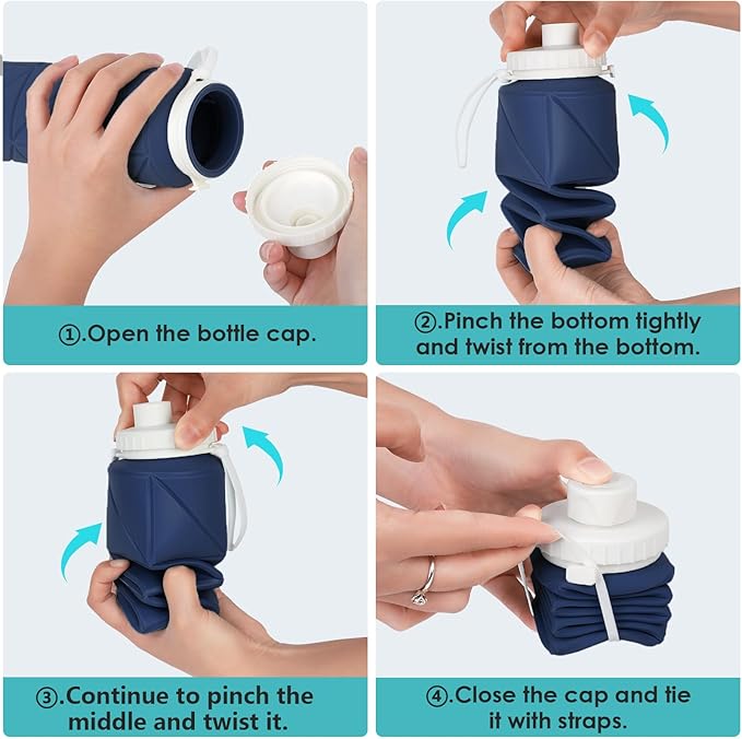 4pack Collapsible Water Bottles Foldable Silicone Travel Water Bottle Leakproof Flexible BPA Free Portable,Folding Water Bottle Lightweight for Camping,Hiking,Sports Travel Bottles 23oz