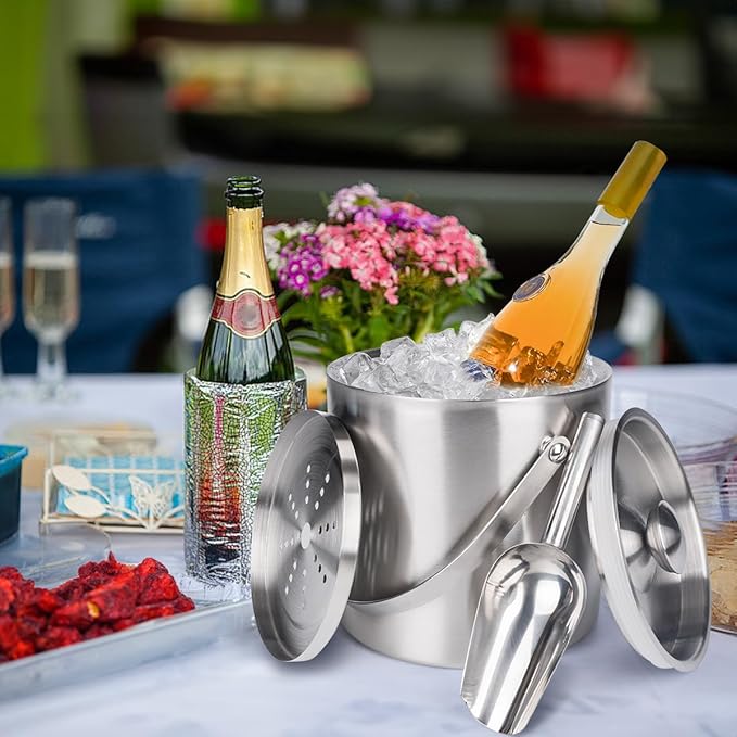 3L Double-Wall Insulated Stainless Steel Ice Bucket with scoop for Cocktail Bar - Metal Ice Bucket for freezer with Lid for parties, Camping,and More!champagne bucket,bar cart accessories (silver)