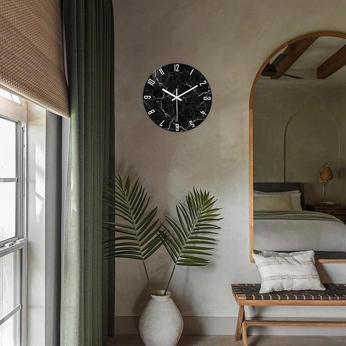 Black Wall Clock for Bedroom Glass Modren Wall Clock Battery Operated 14 Inch Analog Wall Clock Non Ticking