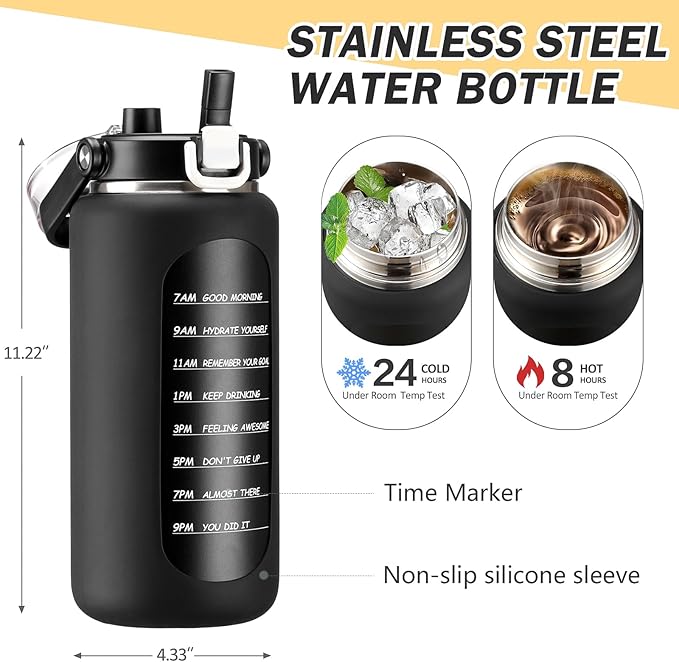 BLUEGO 64oz Insulated Water Bottle with Straw and Handle Leakproof Half Gallon Wide Mouth Motivational Water Bottle, 2-IN-1 Straw Spout Lid Stainless Steel Water Jug for Sport Travel Gym-Black