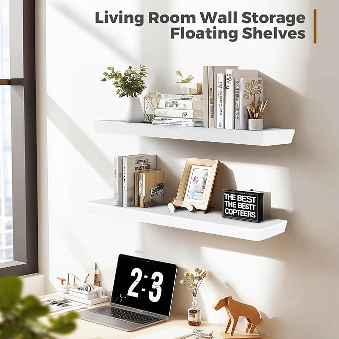 36"x6.8"x1.6" Slanted Floating Wall Shelves 2-Pack - Rustic White Finish, Heavy-Duty Solid Wood Design with Hidden Brackets - Perfect for Living Room, Kitchen, Bathroom, or Office