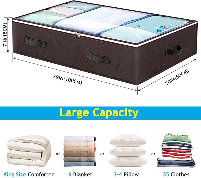 Budding Joy 6 Pack 90L Under bed Storage Containers Organizer Large Capacity Underbed Clothes Storage Bins Organization and Storage Bedroom Foldable Storage Bags with Clear Window Brown