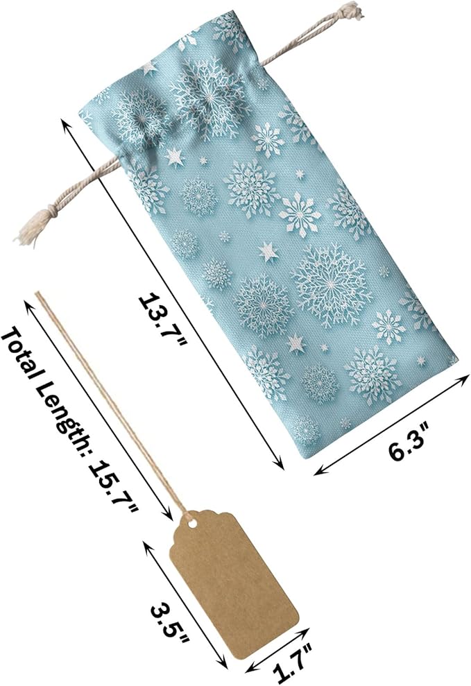 10 Pack Wine Bottle Bags, Christmas Snowflake Wine Bottle Cover with Drawstring, Winter Snowflake Green Backdrop Gift Bag for Champagne Wedding Birthday Party