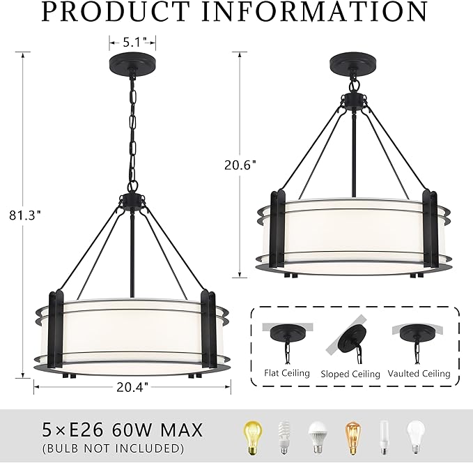 20.4''Drum Chandelier,5-Light Fabric Modern Chandeliers,Black Farmhouse Round Pendant Light Fixture for Dining Room Kitchen Island Living Room Bedroom Hallway