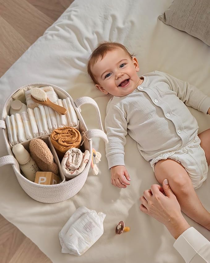Blissful Diary Baby Diaper Caddy Organizer, Cotton Rope Diaper Caddy Basket, Oval Storage Basket, Gift for Baby Shower, Newborn Essentials, Beige