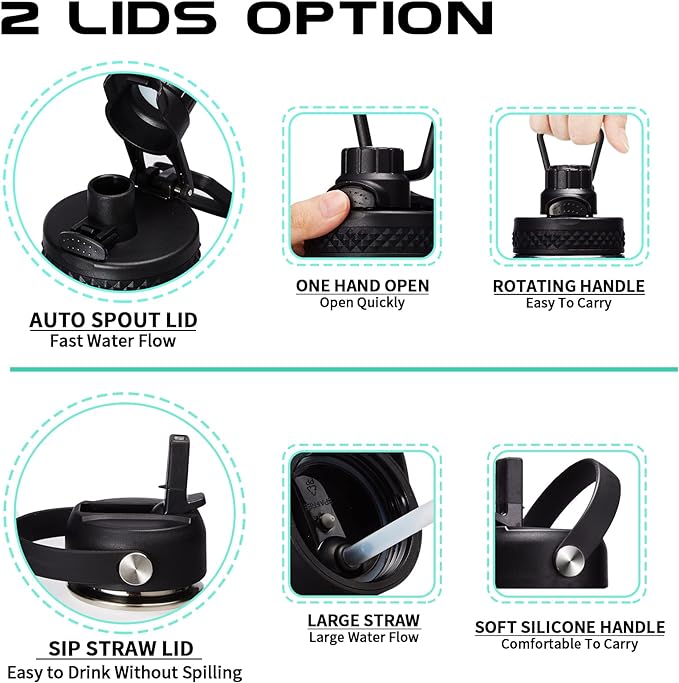 64OZ Stainless Steel Water Bottle with Paracord Handle, Straw/Spout Lid, Half Gallon Vacuum Insulated Water Flask Jug, Leak-proof Large Sports Jug for Outdoor Hiking Biking Travel Camping