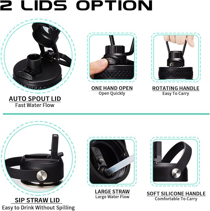 64OZ Insulated Water-Bottle with Paracord-Handle - Half Gallon Water Bottle Jug with Straw & Spout Lids, Bottle Sleeve & Boot, Keep Cold-48h Hot-24h for Fitness Outdoor Camping Hunting, Hiking