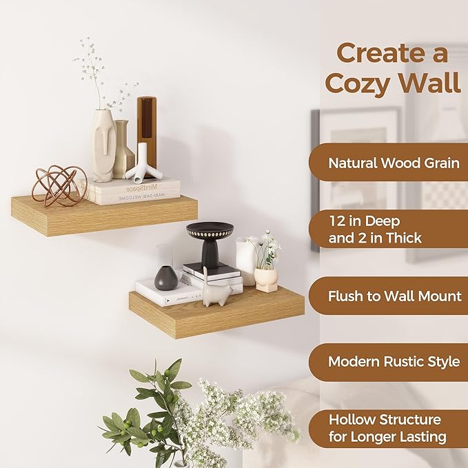 12 Inch Deep Floating Shelves, 16 x 12 Floating Shelf for Books, Rustic Wood Deep Wall Shelves for Home Storage & Display, 2" Thicked Shelves for Kitchen, Living Room, Bedroom, Oak Color, 2 Pack