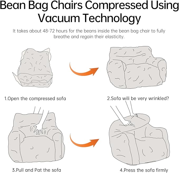 Bean Bag Chair with Filler, Bean Bag Sofa with Tufted Soft Stuffed Filling, Fluffy and Lazy Sofa, Comfy Cozy BeanBag Chairs with Memory Foam for Dorm, Apartment, Living Room (White)