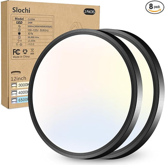 2PACK LED Flush Mount Ceiling Light Fixture, 3000K-4000K-6500K & 150W Equivalent Modern Kitchen Recessed Ceiling Lamp 24W 3200Lm 12Inch Closet Round Surface for Bathroom Laundry Bedroom Hallway, Black