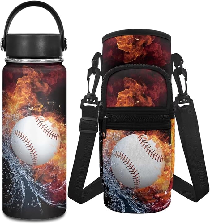 Baseball 18 OZ Insulated Water Bottle and Water Bottle Carrier Bag Set 2 Pcs Water Bottle Holder Carrier Sling Water Bottle Pouch Sleeve