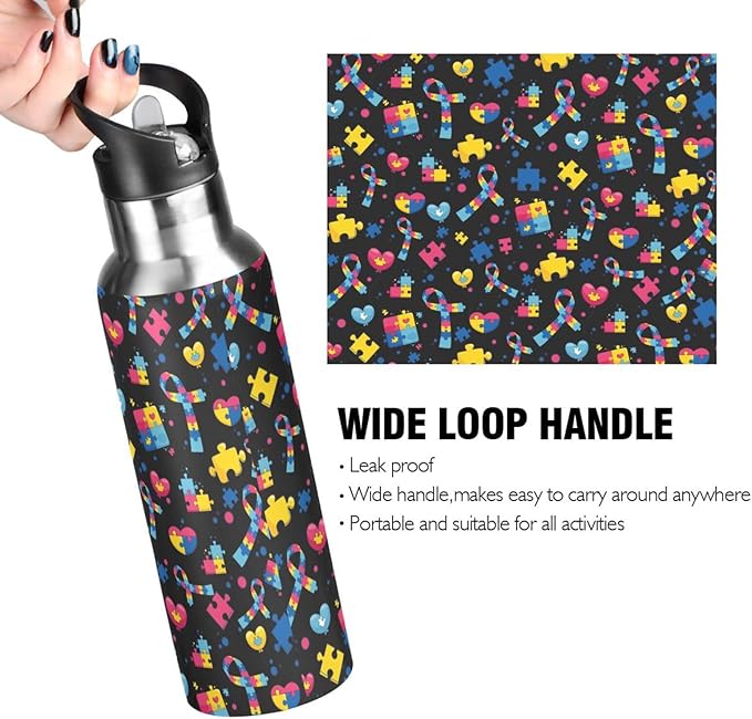 Autism Stainless Steel Water Bottle with Straw Lid - 20 Oz Sports Insulated Water Bottle Thermos for Sport Gym Outdoor Travel School (07-B14)