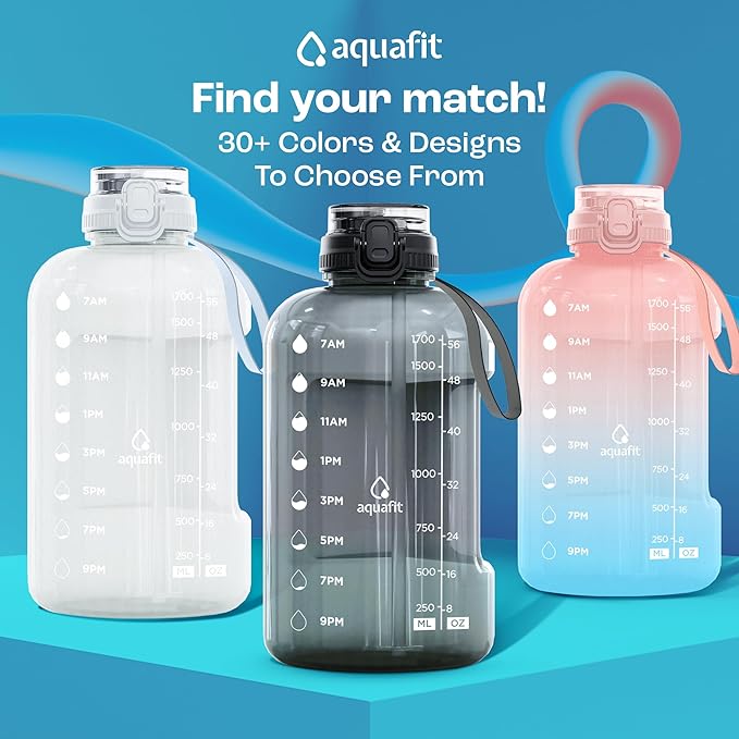 AQUAFIT 64 oz Water Bottle with Time Marker - BPA Free Half Gallon Water Bottle with Straw - Gym Water Bottle with Handle, Gallon Water Jug, Big Water Bottle, Large Water Bottle (Frosty, 2in1 Lid)