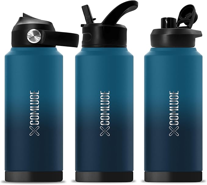 blue 32 oz insulated water bottle with straw stainless steel water bottle,double wall,leak proof water bottles with 3 lids,travel,gym mens water bottle(Ocean Blue, 32oz)