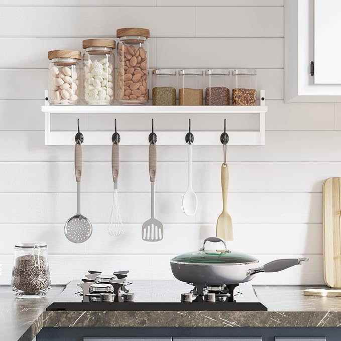 BAMEOS Wall-Mounted Wood Shelf with 5 Dual Hooks for Bathroom, Living Room, Bedroom (White-with Shelf)