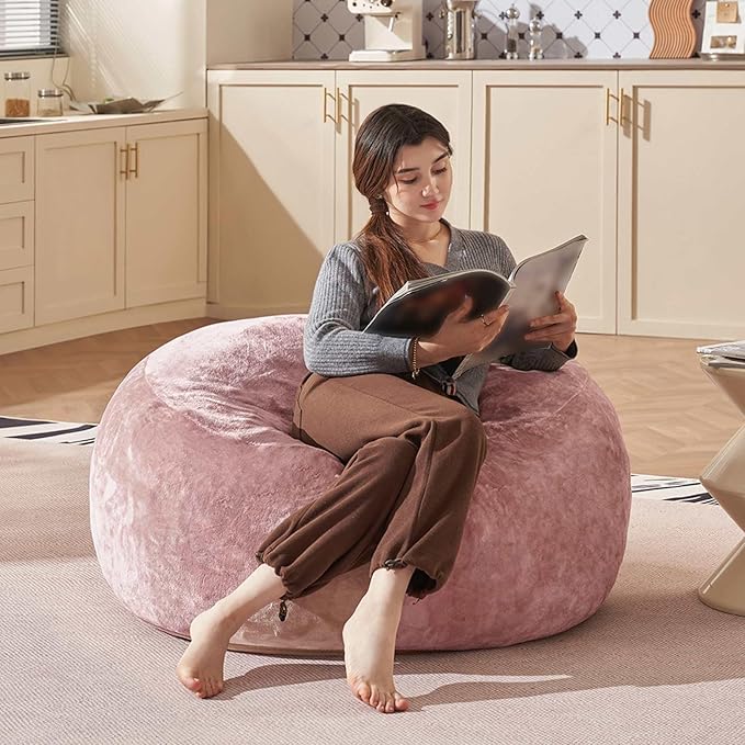 Bean Bag Chair 3Ft, Memory Foam Filled, Large Beanbag Chairs for Adults and Teens, Soft Sofa with Removable Flannel Cover, Round Couch for Living Room Bedroom College Dorm (Pink, 3FT-36×36"×24")