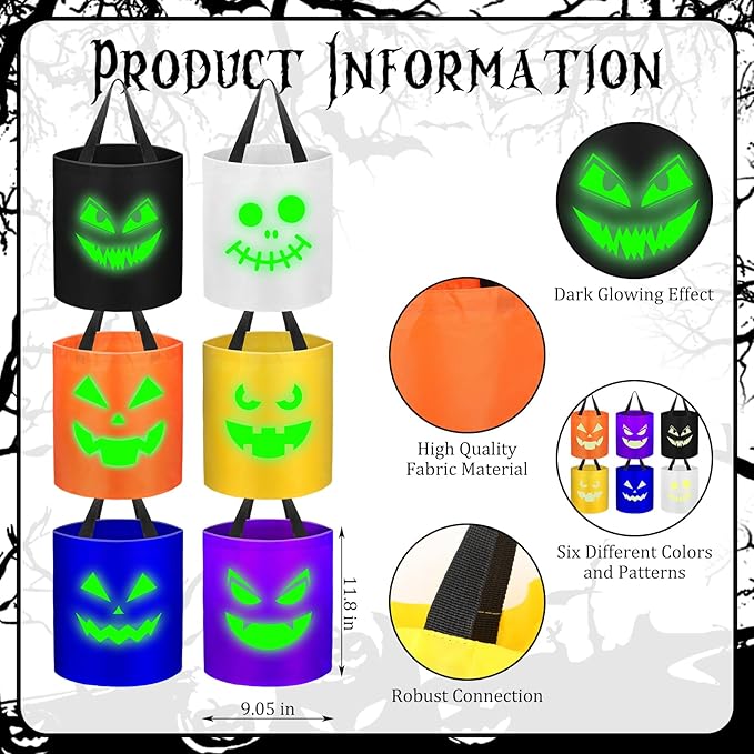 6 Pcs Halloween Glowing Trick or Treat Candy Bucket Halloween Multipurpose Basket Glowing Spooky Face Pumpkin Reusable Goody Bags for Halloween Supplies Favors