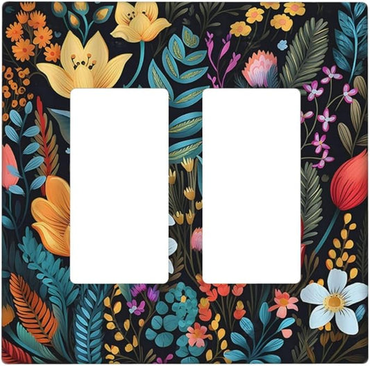 Boho Floral Vintage Flower Leaves Rustic Wildflower Plants 2 Gang Rocker Decora Light Switch Covers Dual Outlet Covers Wall Plate Decorative Switchplate Electrical Faceplate GFCI for Country Bedroom