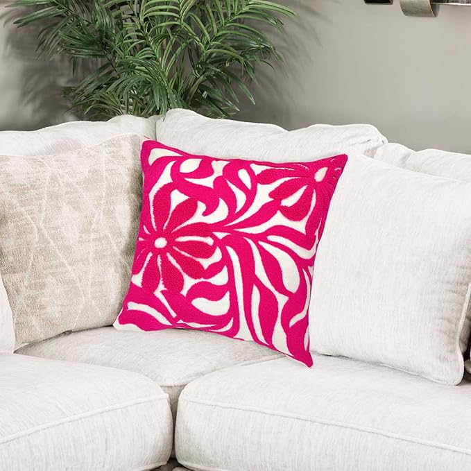 Alysheer Farmhouse Floral Leaves Embroidered Decorative Throw Pillow Cover 18x18 inches, Boho Tufted Flowers Embroidery Pattern Chic Cotton Cushion Case for Couch Bed Sofa Living Room(Bright Hot Pink)