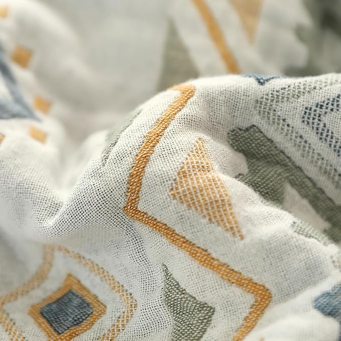 Boho Muslin Blanket for Adults 4-Layer Gauze 80 x 90 Inches Soft Cozy 100% Cotton Cooling Blanket Geometric Farmhouse Decor for Sofa Bed Coverlet Both Sides (Boho-G-Yellow, 80 x 90 in)