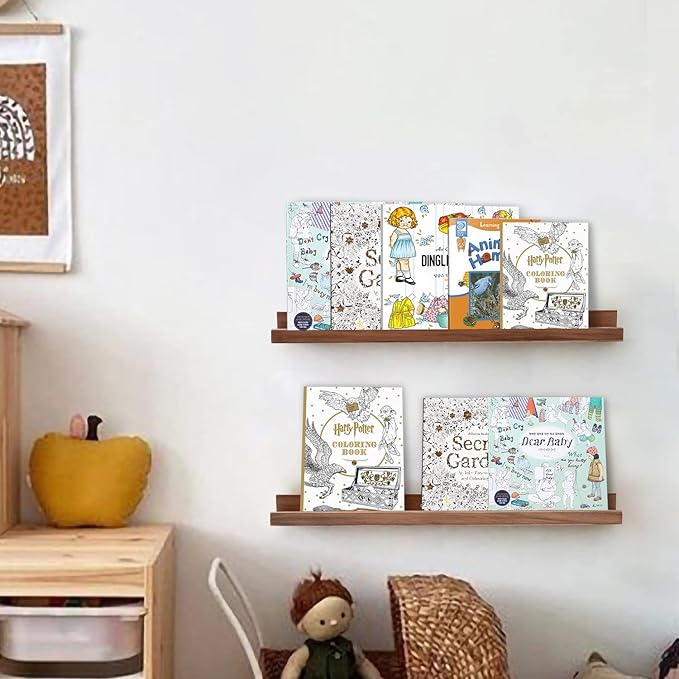AZSKY Floating Nursery Book Shelves Light Fair Pale Walnut Rustic Picture Photo Ledge Shelves Wall Mounted Wooden Display Shelf for Bathroom Bedroom Kitchen 24 Inch Wall Shelves a Set of 2