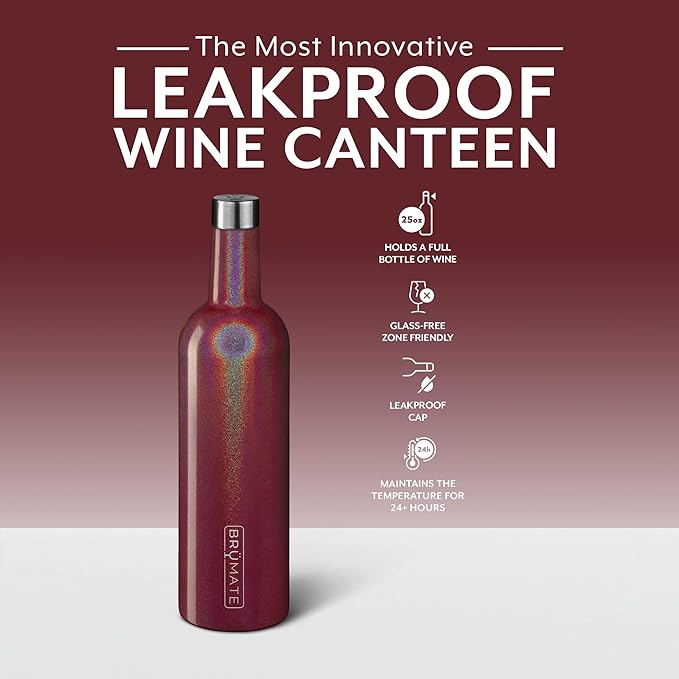BrüMate Winesulator 25 Oz Triple-Walled Insulated Wine Canteen Made Of Stainless Steel, 24-hour Temperature Retention, Shatterproof, Comes With Matching Silicone Funnel (Glitter Merlot)