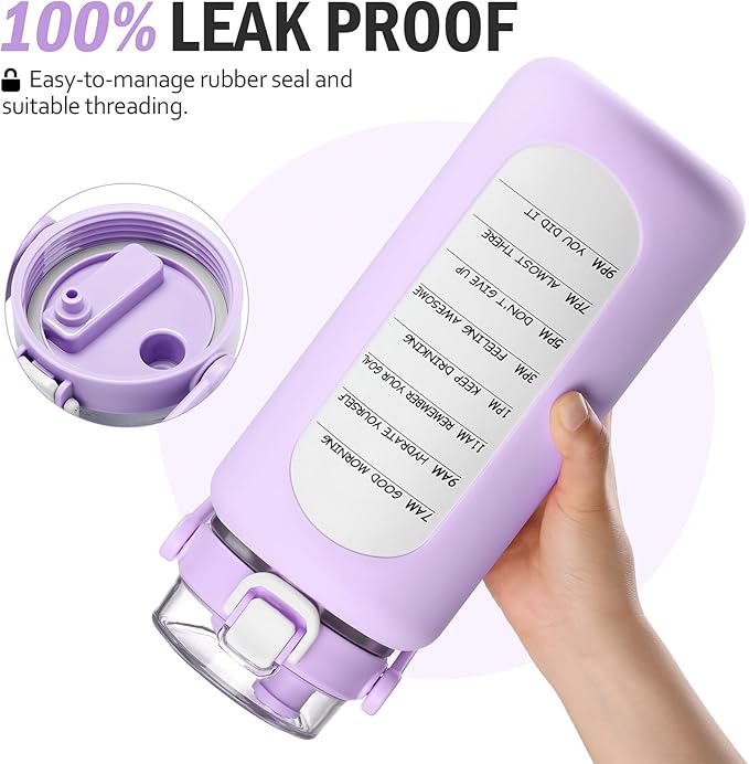 BLUEGO 64oz Insulated Water Bottle with Straw and Handle Leakproof Half Gallon Wide Mouth Motivational Water Bottle, 2-IN-1 Straw Spout Lid Stainless Steel Water Jug for Sport Travel Gym-Purple