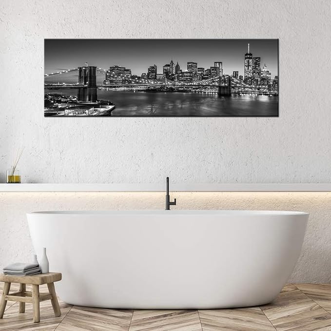 Biuteawal - Black and White Brooklyn Bridge Canvas Wall Art New York City Picture Print Manhattan Night Skyline Painting on Canvas Modern Home Office Wall Decoration Ready to Hang