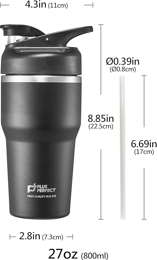 27 OZ 316 Stainless Steel Vacuum Insulated Travel Mug With Leak Proof Flip For Both Straw & Spout, Double Walled Seamless to Keep Hot And Cold, Black