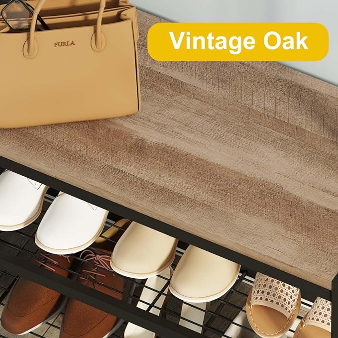 BON AUGURE Farmhouse Hall Tree for Entryway, Mudroom Bench with Shoe Storage, Large Coat Rack Shoe Bench with 5 Tier Open Shelves, Adjustable Side Hooks and Hanging Rod for Foyer (Vintage Oak)